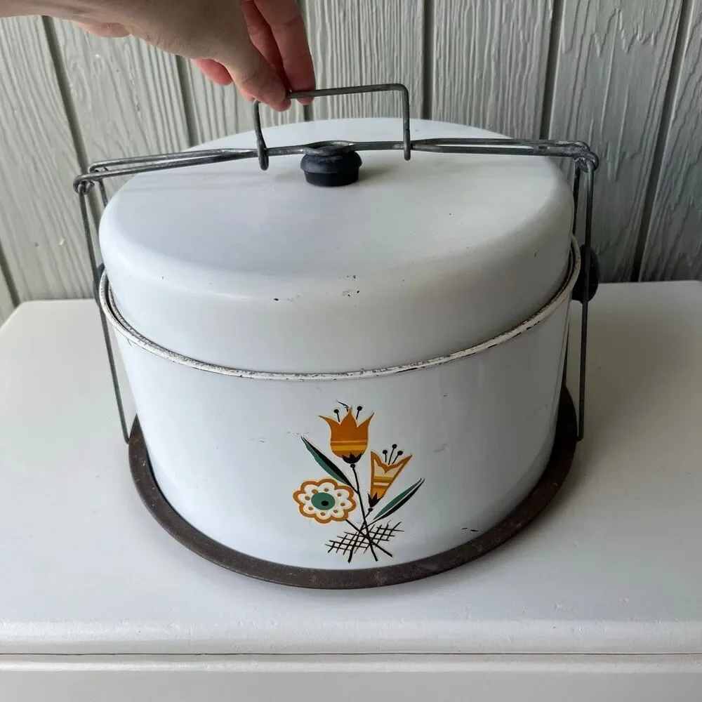 VTG 50s Enamel Cake Carrier Floral Mid Century Kitchen Decor Kitsch Mod